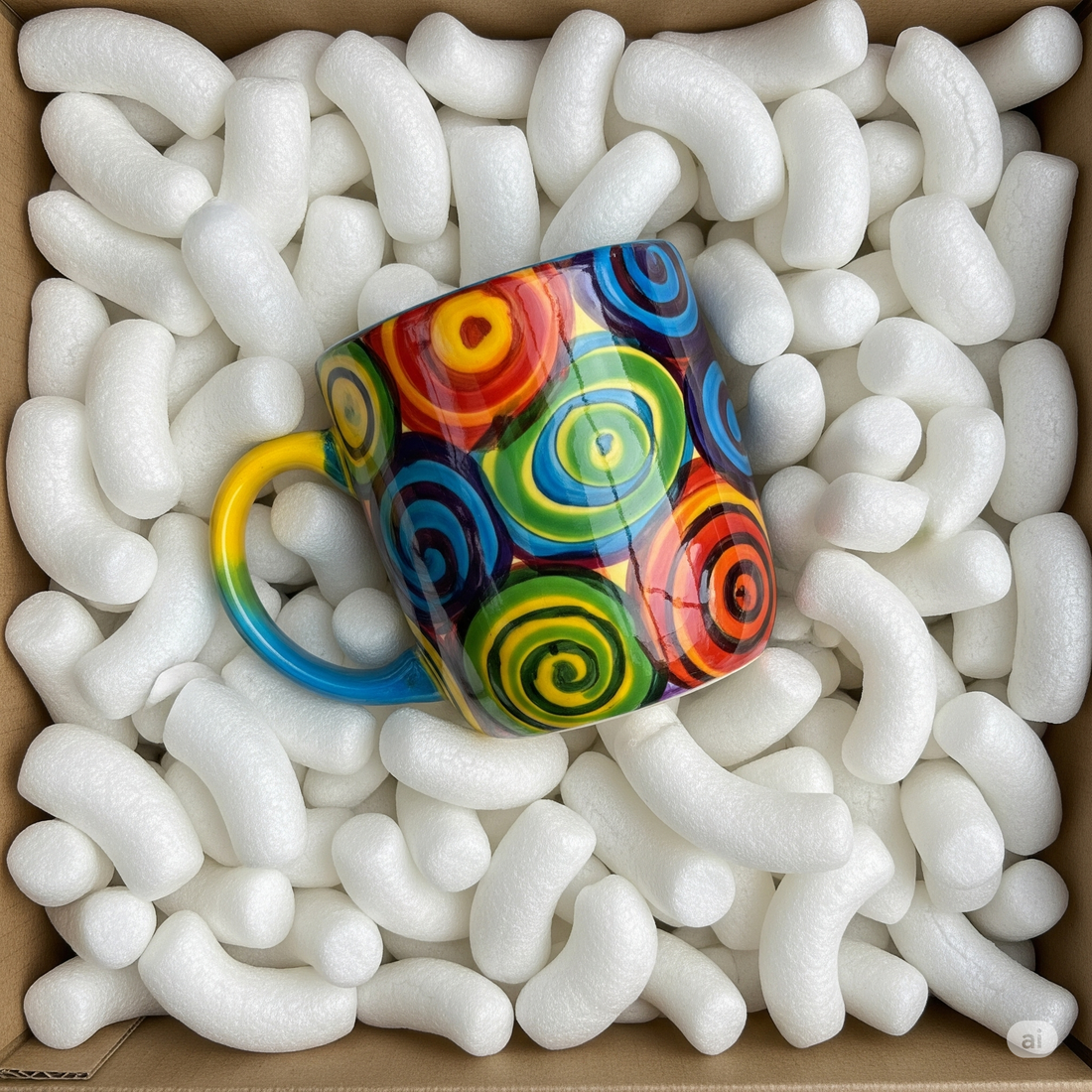 Colorful mug surrounded by packing peanuts demonstrating how to pack mugs for shipping