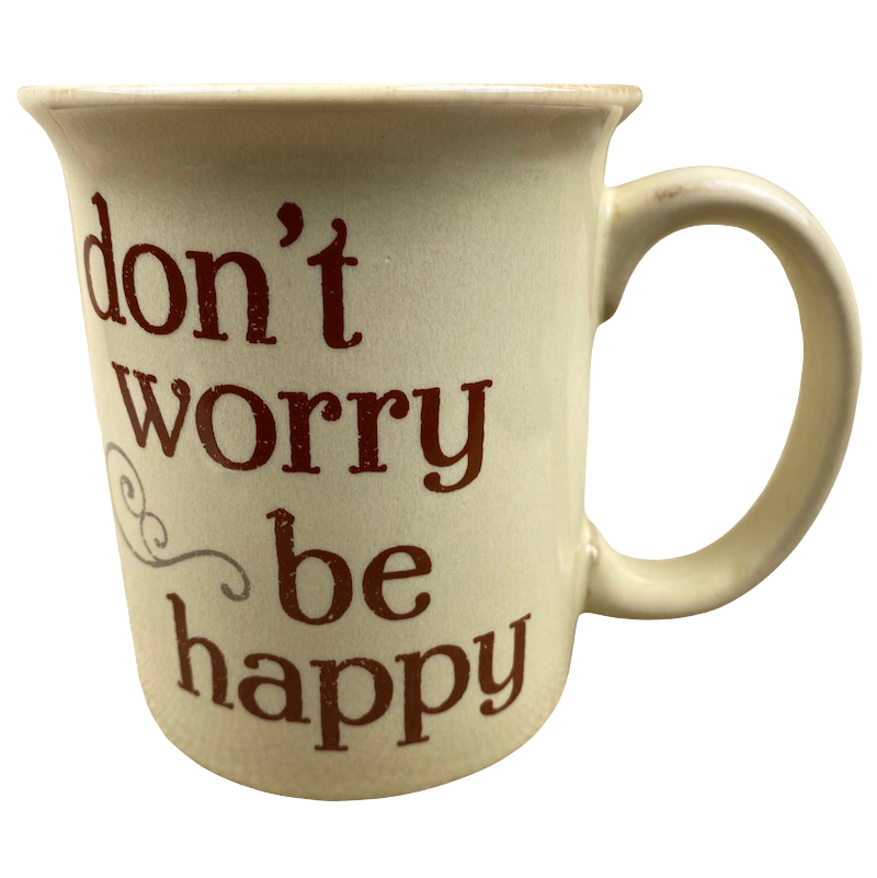Vintage collectible music lyric mugs featuring the phrase don't worry be happy in a stylish design