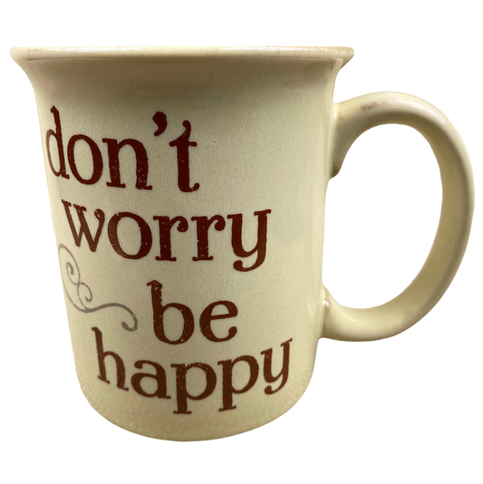 Vintage collectible music lyric mugs featuring the phrase don't worry be happy in a stylish design