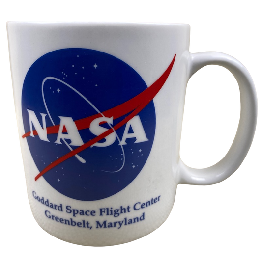 Vintage NASA mug featuring the Goddard Space Flight Center logo in bold colors