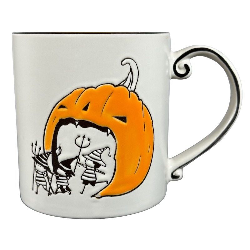 Colorful vintage & collectible Halloween mug collection featuring whimsical pumpkin design