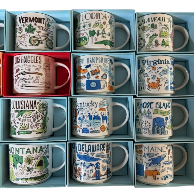 Starbucks Been There Series rare mugs for sale featuring 12 state-themed collectible coffee mugs in display boxes