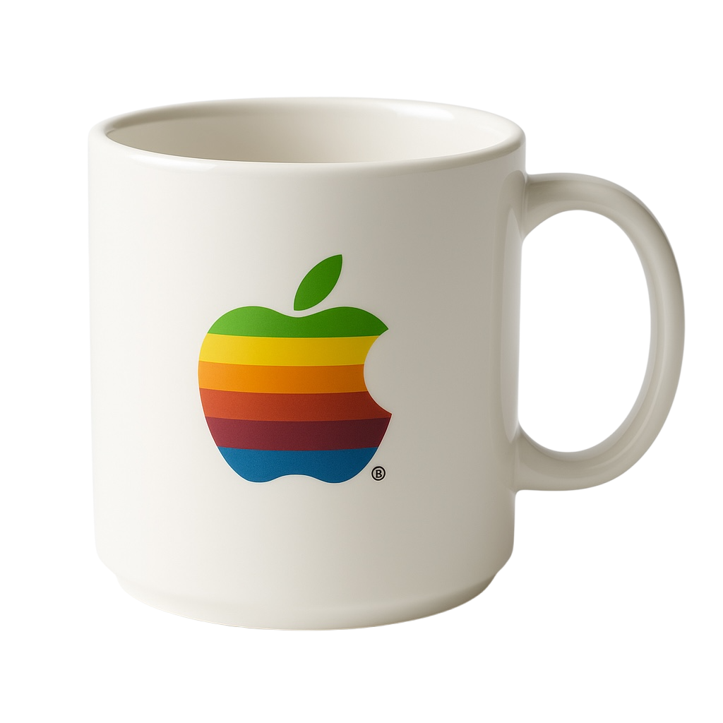 Classic vintage Apple mugs featuring the iconic rainbow logo design