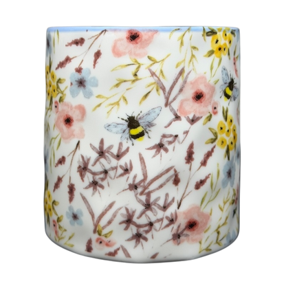 10 Strawberry Street bumblebee wildflowers mug featuring colorful floral designs and bees