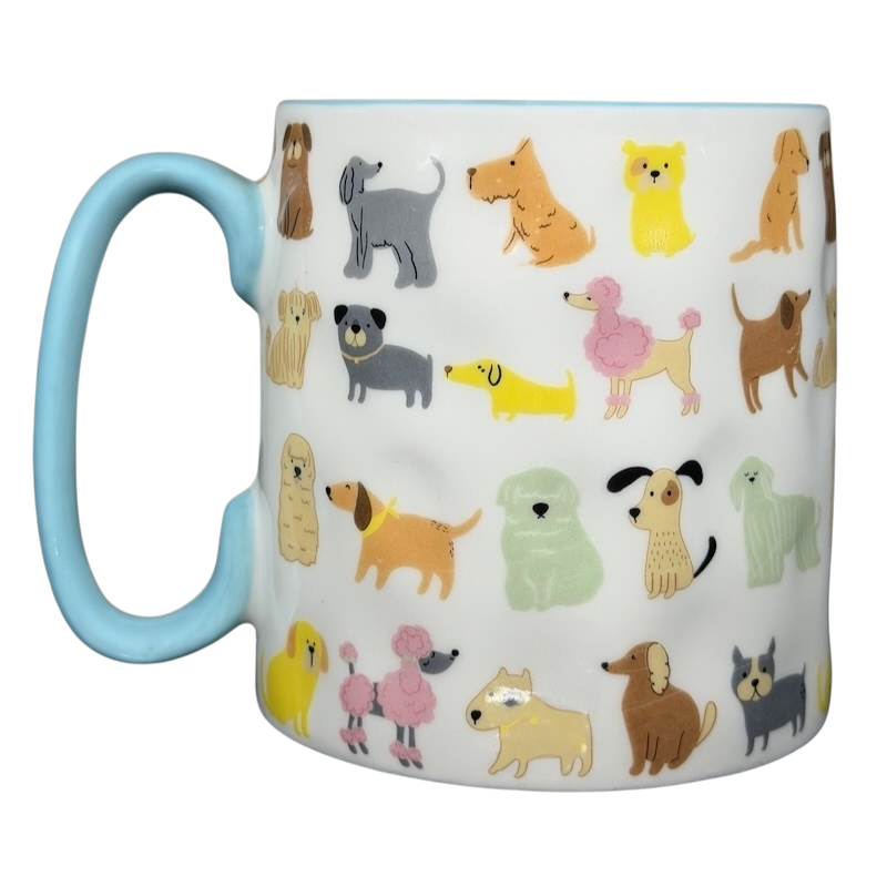 10 Strawberry Street cute dog breed mug featuring colorful dog illustrations on a white background