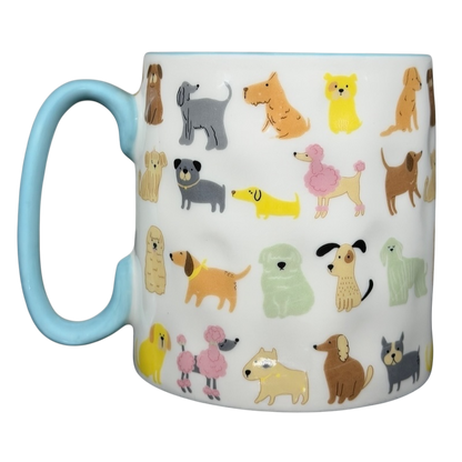 10 Strawberry Street cute dog breed mug featuring colorful dog illustrations on a white background