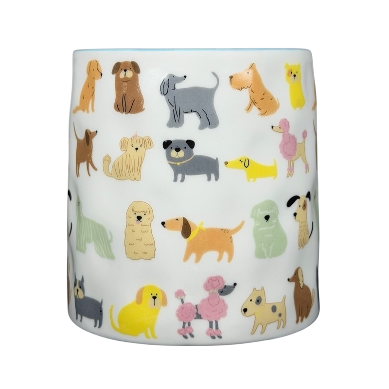 10 Strawberry Street cute dog breed mug featuring colorful illustrations of various dog breeds