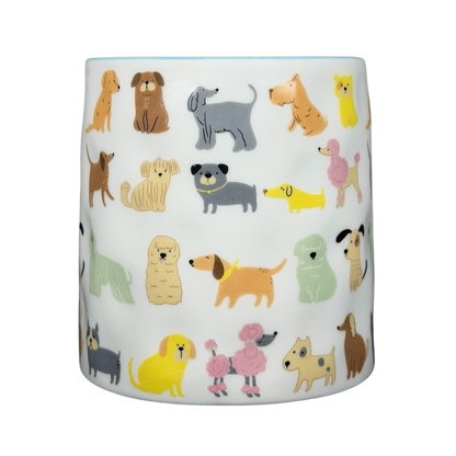 10 Strawberry Street cute dog breed mug featuring colorful illustrations of various dog breeds