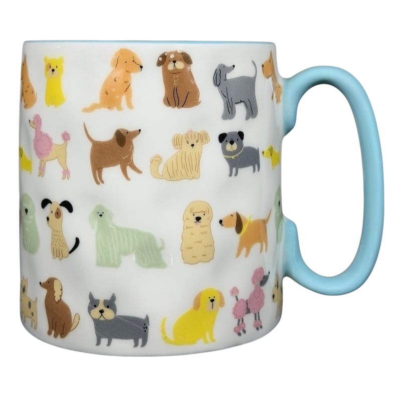 10 Strawberry Street cute dog breed mug featuring various playful dog illustrations on a white background