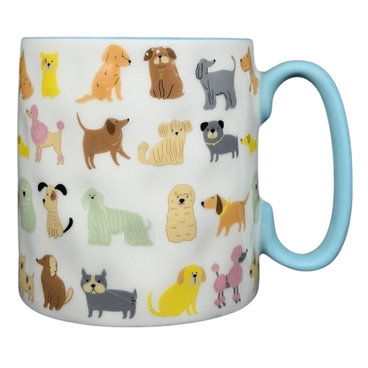 10 Strawberry Street cute dog breed mug featuring various playful dog illustrations on a white background