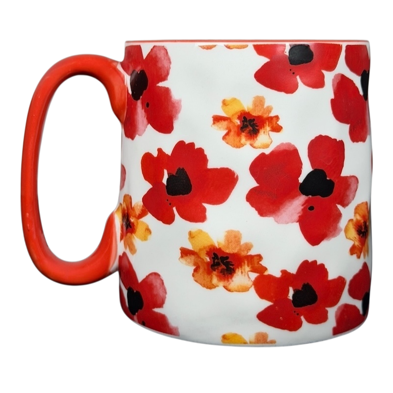 10 Strawberry Street orange red poppy mug featuring vibrant floral design on a white background