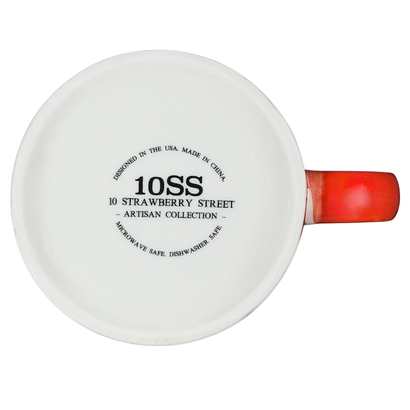 Bottom view of 10 Strawberry Street orange red poppy mug showcasing artisan design and branding.