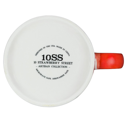 Bottom view of 10 Strawberry Street orange red poppy mug showcasing artisan design and branding.