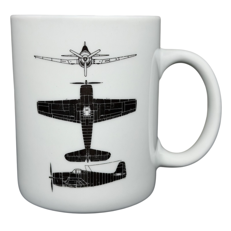 Grumman F6F Hellcat Hawker Aerospace mug featuring detailed aircraft design illustrations
