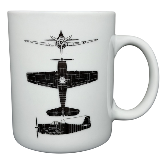 Grumman F6F Hellcat Hawker Aerospace mug featuring detailed aircraft design illustrations