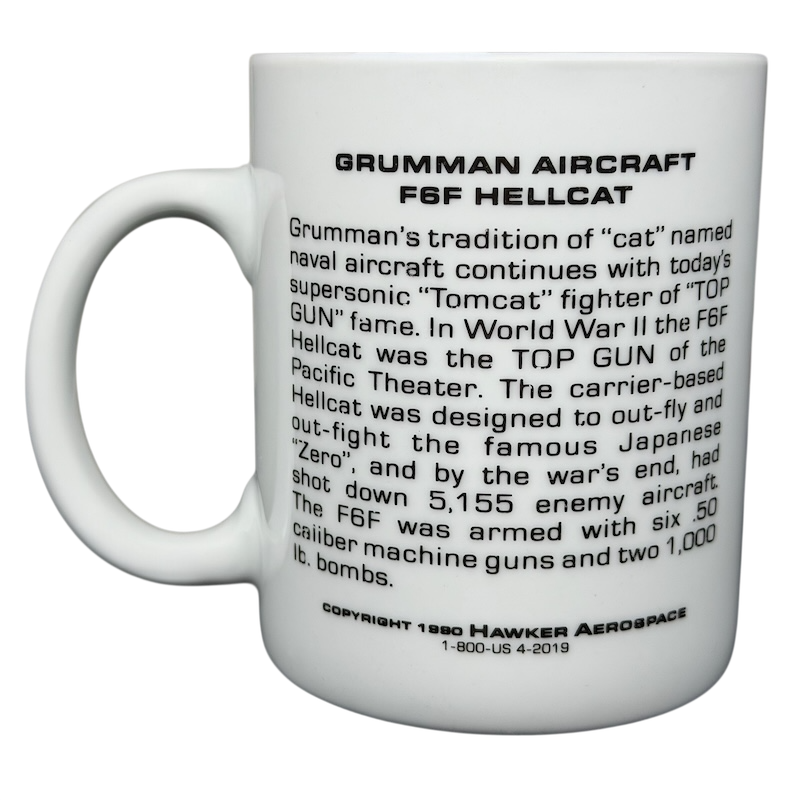 Grumman F6F Hellcat Hawker Aerospace mug featuring historical information about the aircraft