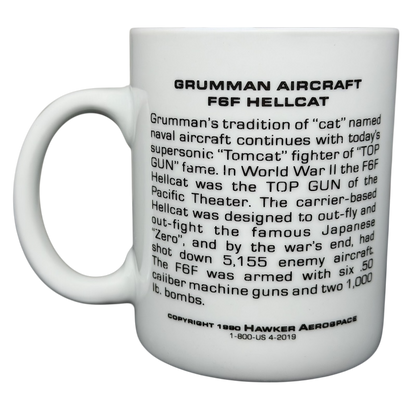 Grumman F6F Hellcat Hawker Aerospace mug featuring historical information about the aircraft