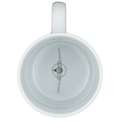 White ceramic mug featuring the Grumman F6F Hellcat Hawker Aerospace design with a detailed top view