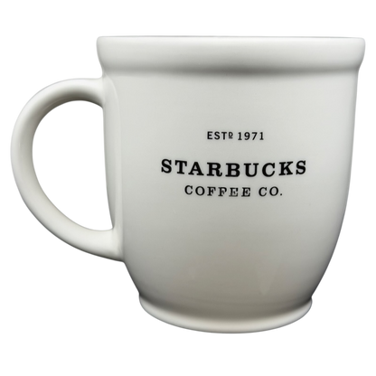 2007 Starbucks Abbey ESTD 1971 mug featuring classic white porcelain design with black lettering