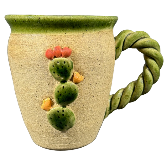 Prickly Pear Cactus Embossed 3D Braided Handle Signed Pottery Mug