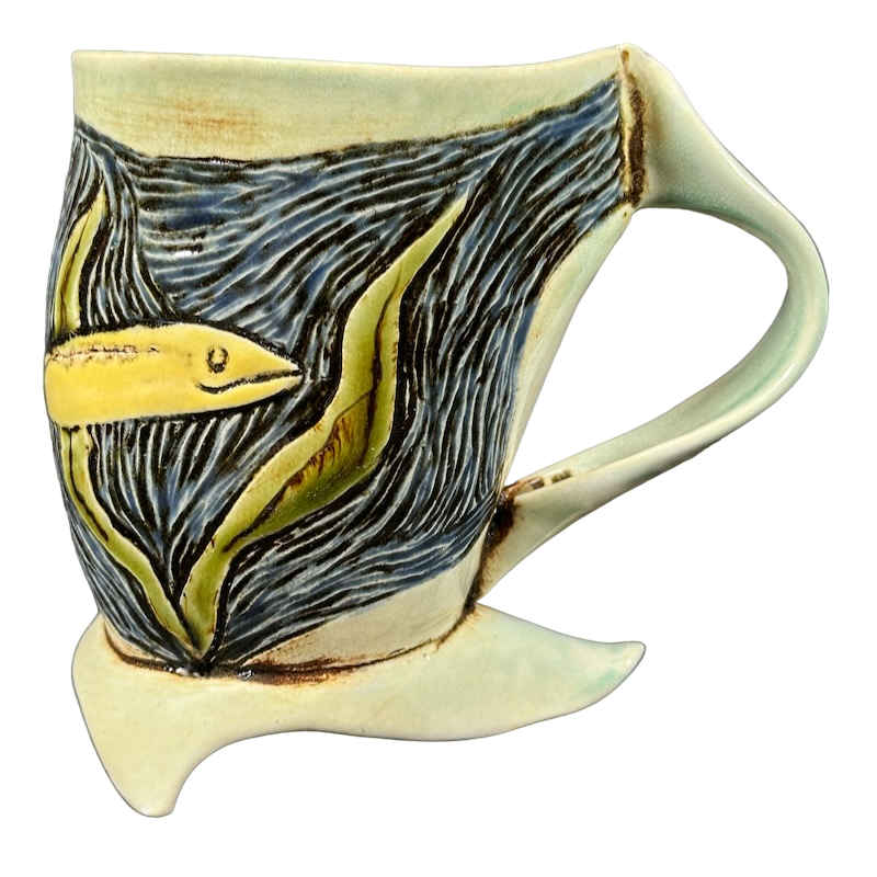 Fish And Plants Underwater Etched Pottery Mug RRS Pottery