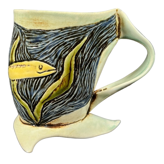 Fish And Plants Underwater Etched Pottery Mug RRS Pottery