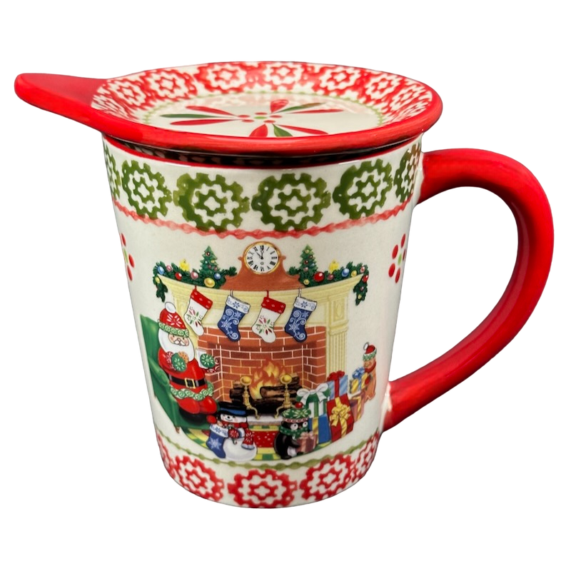 Santa SItting By The Fireplace Holiday 16oz Mug With Coaster/Lid Temp-tations