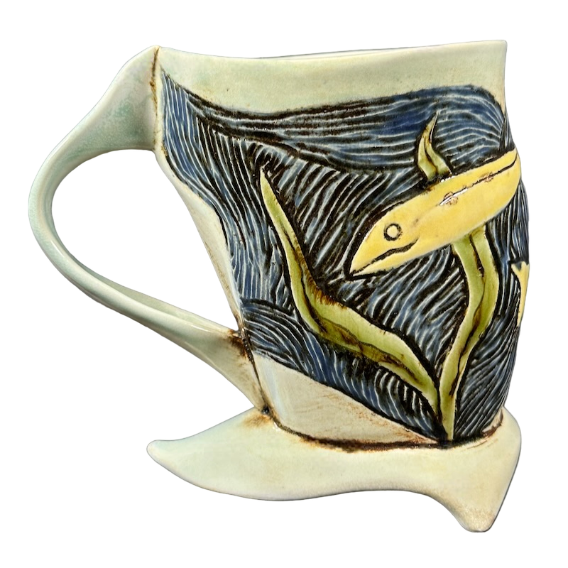 Fish And Plants Underwater Etched Pottery Mug RRS Pottery
