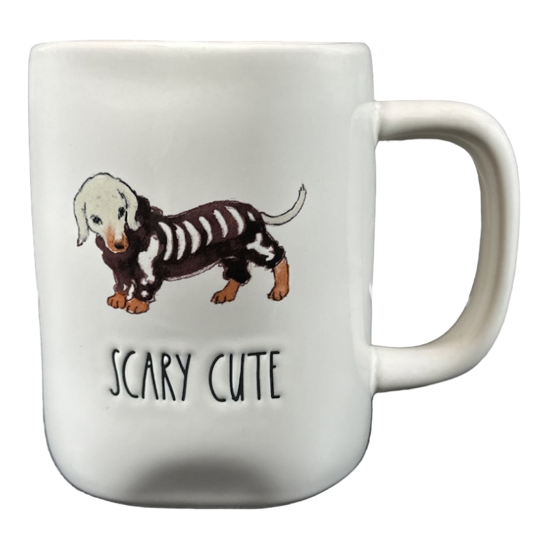 Rae Dunn Artisan Collection SCARY CUTE Dachshund Mug Orange Inside Magenta