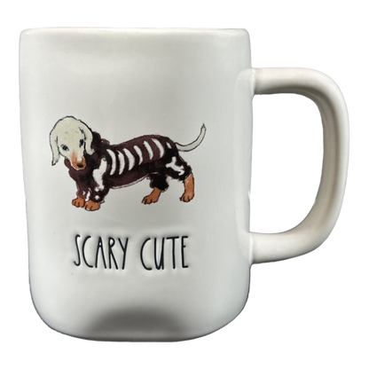 Rae Dunn Artisan Collection SCARY CUTE Dachshund Mug Orange Inside Magenta