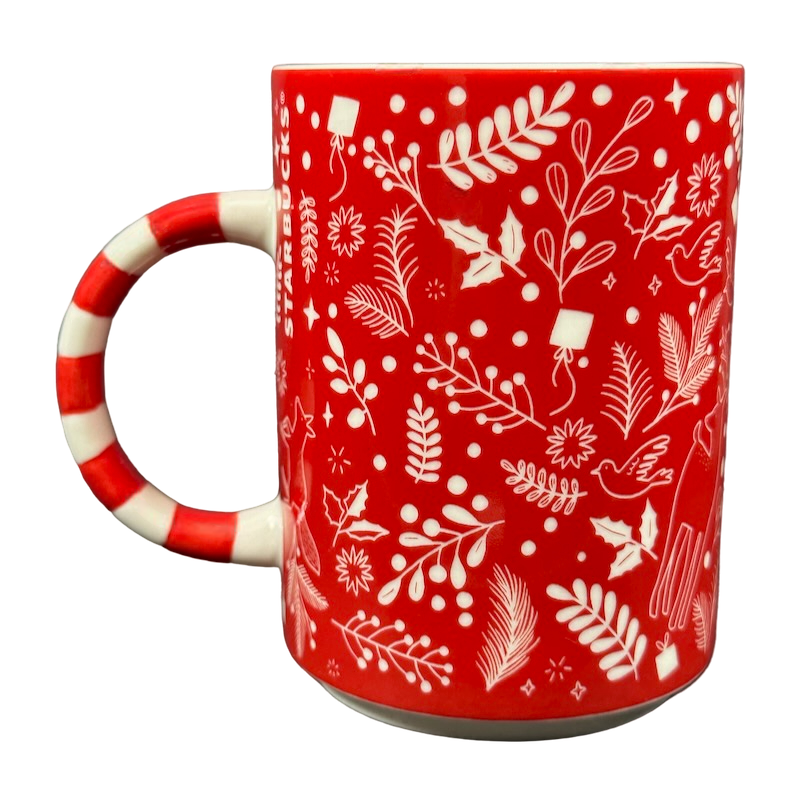 Foxes Doves Leaves Striped Candy Cane Handle Christmas 12oz Mug Starbucks