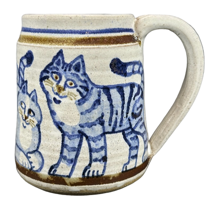 Blue Cats And Kitten Signed Pottery Mug