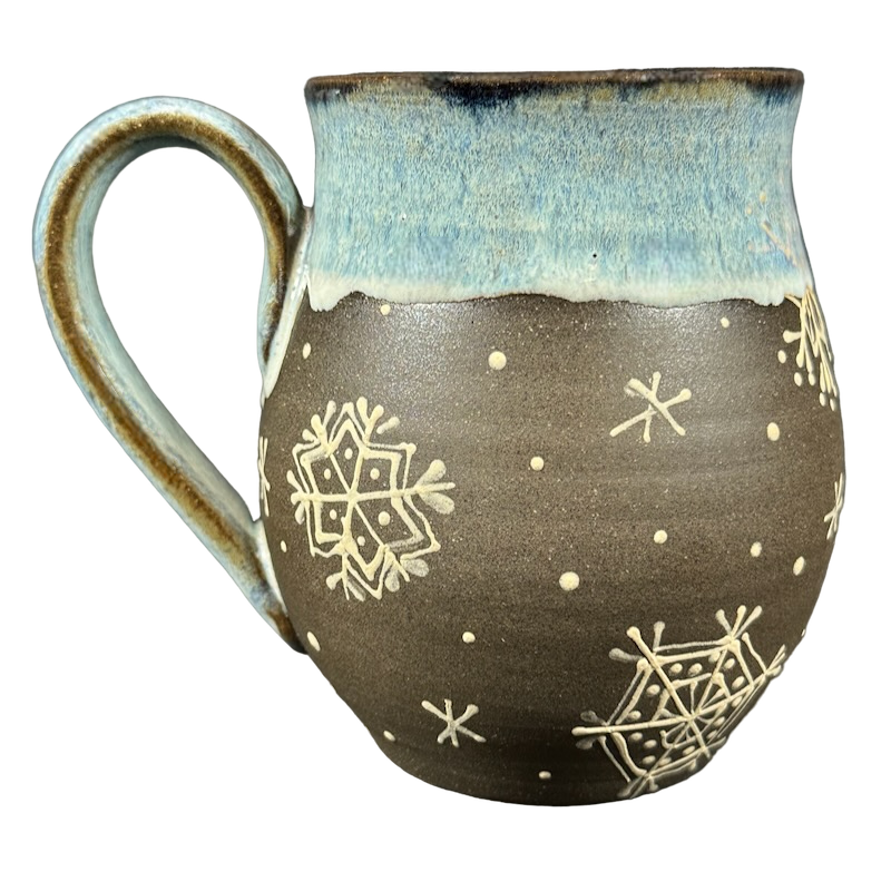 Snowflakes On Dark Chocolate Clay Pottery Mug Katydid Ceramics