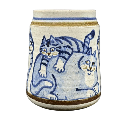 Blue Cats And Kitten Signed Pottery Mug