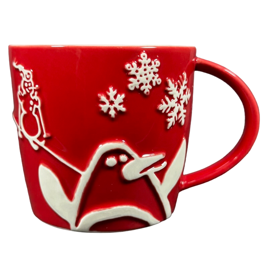 Holiday 2007 Penguin Snowman Skiing Trees Embossed Red 8oz Mug Starbucks