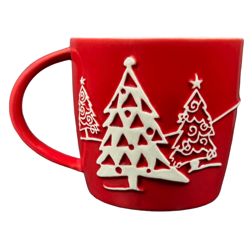 Holiday 2007 Penguin Snowman Skiing Trees Embossed Red 8oz Mug Starbucks