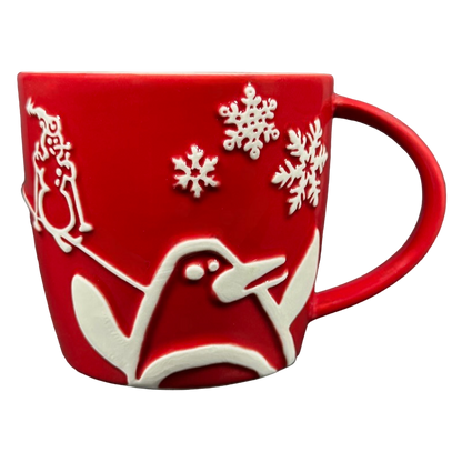 Holiday 2007 Penguin Snowman Skiing Trees Embossed Red 8oz Mug Starbucks