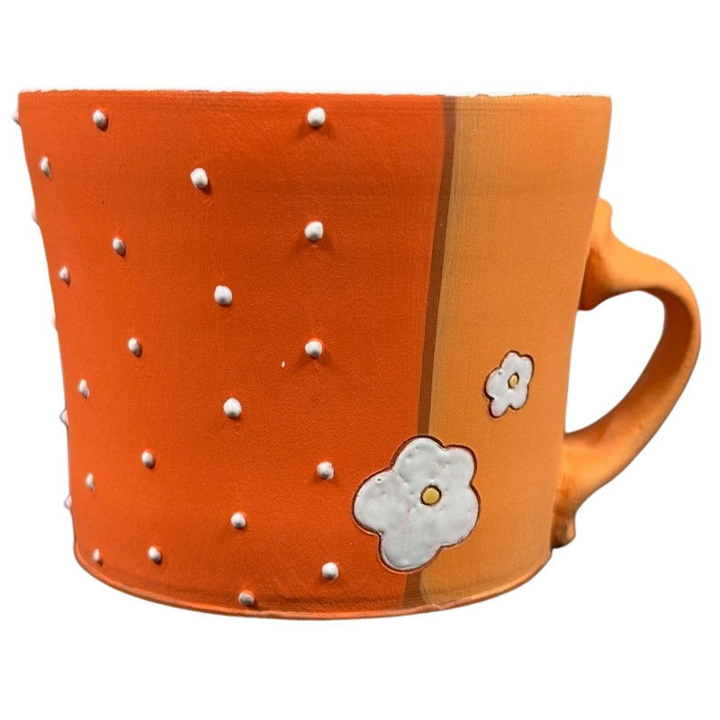 White Cat And Flowers With Embossed Polka Dots Signed Pottery Mug