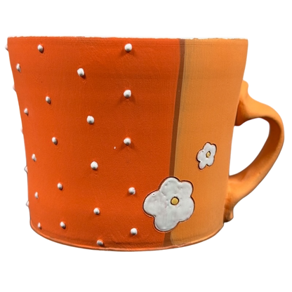 White Cat And Flowers With Embossed Polka Dots Signed Pottery Mug