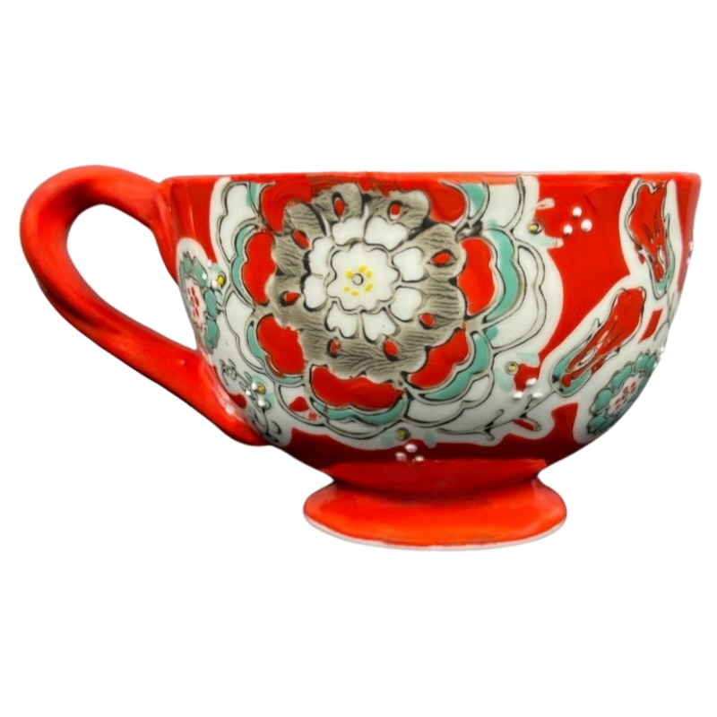 Elka Ayaka Floral Pedestal Red Mug With Twisted Red Handle Anthropologie
