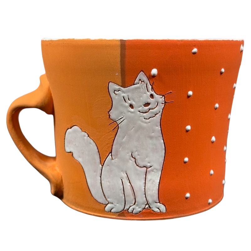 White Cat And Flowers With Embossed Polka Dots Signed Pottery Mug