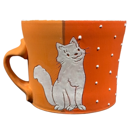 White Cat And Flowers With Embossed Polka Dots Signed Pottery Mug