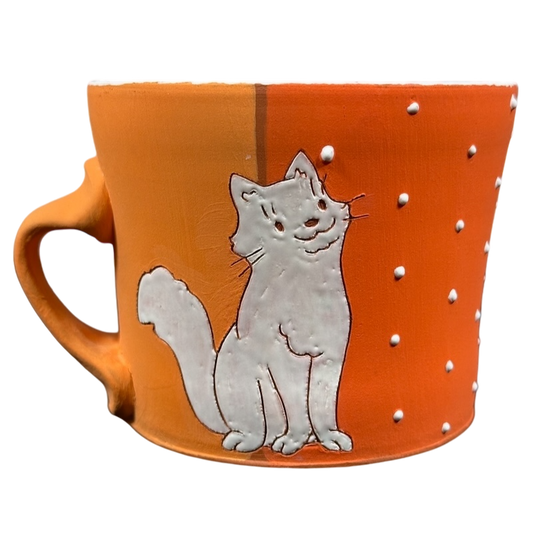 White Cat And Flowers With Embossed Polka Dots Signed Pottery Mug