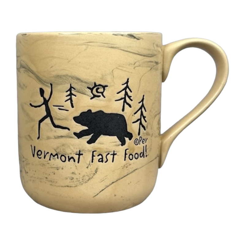 Vermont Fast Food! Bear Chasing Man Etched Marble Mug