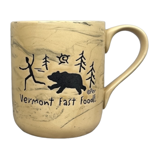 Vermont Fast Food! Bear Chasing Man Etched Marble Mug