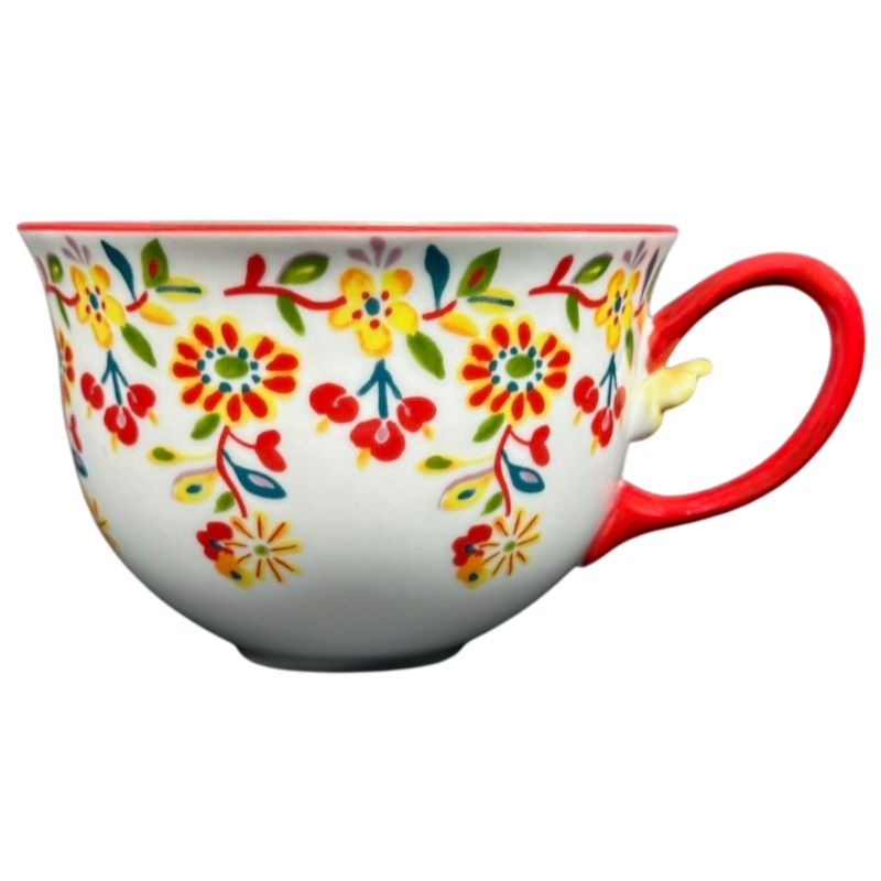 Cadiz Floral Mug with Red Handle and 3D Flower Mug Anthropologie