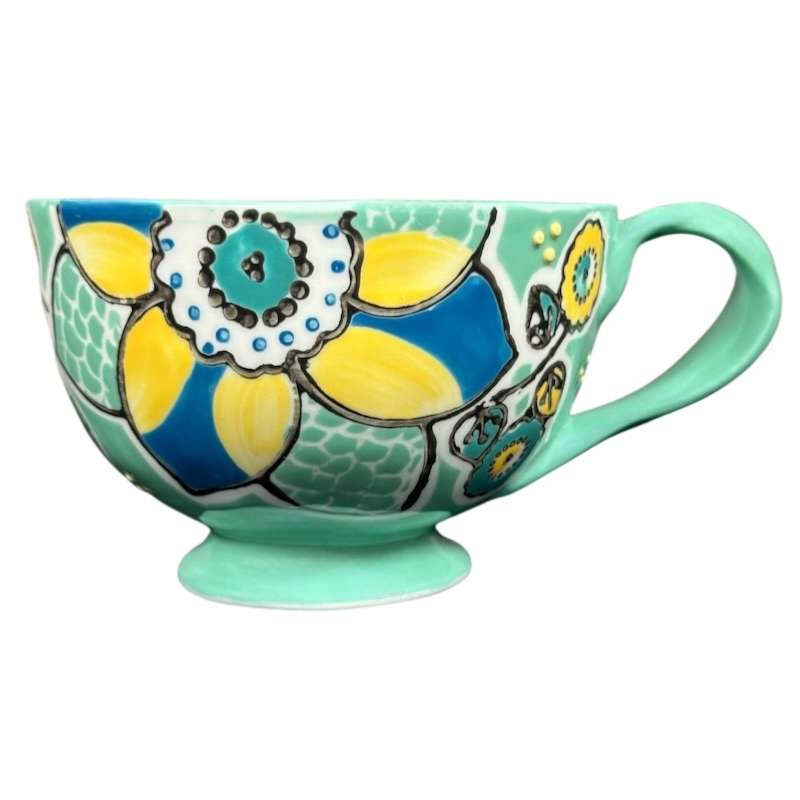 Elka Ayaka Floral Pedestal Green Mug With Twisted Green Handle Anthropologie