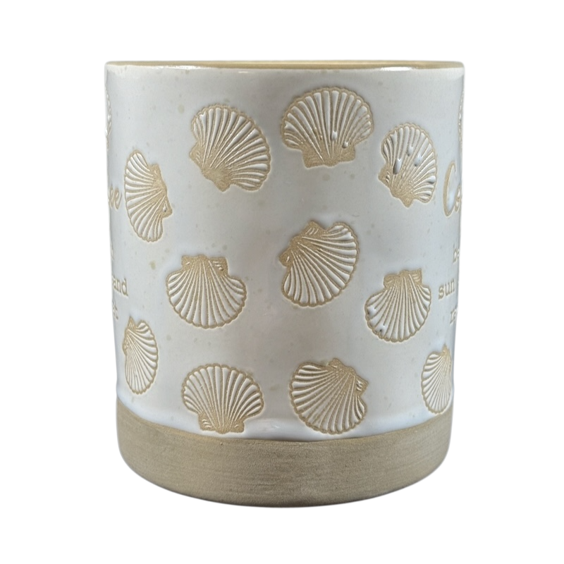 White ceramic sea shell under the sea coffee mug with embossed seashell design and natural base
