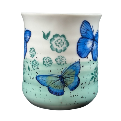 Floral Blue & Green Butterflies Ridged Mug by Sheffield Home with blue butterflies and green floral design