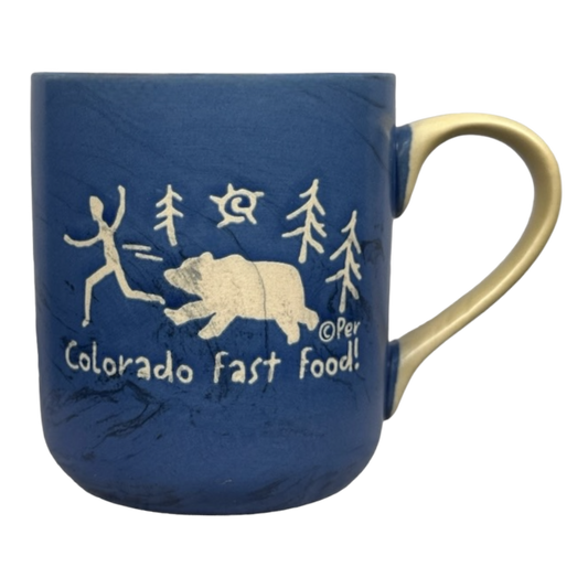 Colorado Fast Food! Bear Chasing Man Etched Marble Mug